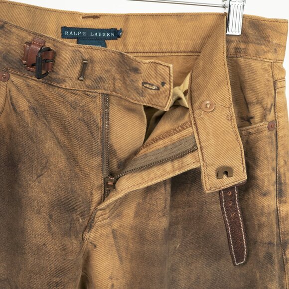 Ralph Lauren Tan Distressed Cotton Leather-Trim Jeans - Picture 11 of 13